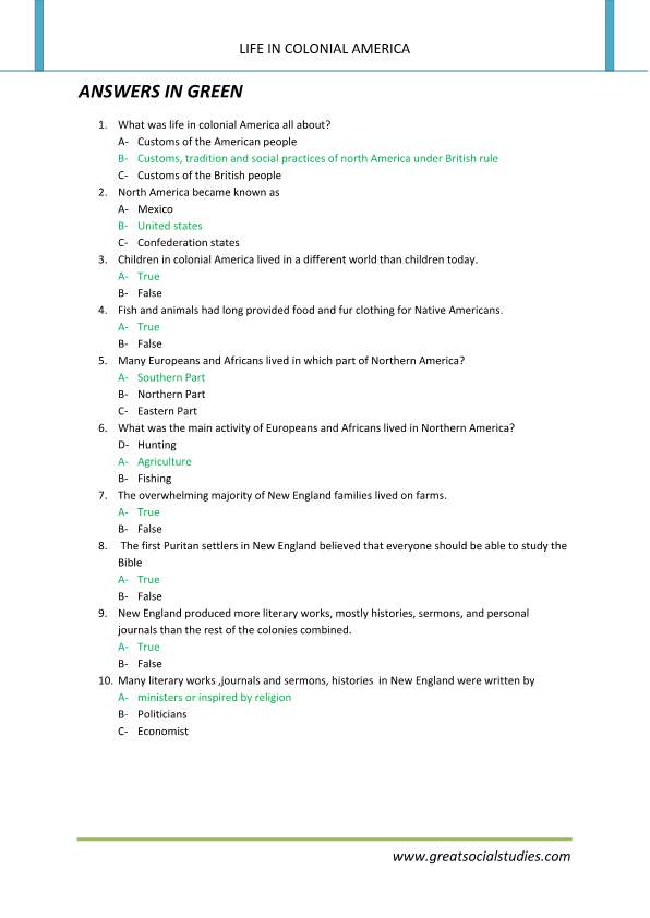 Life in the colonies, colonial life in America, worksheet | GREAT